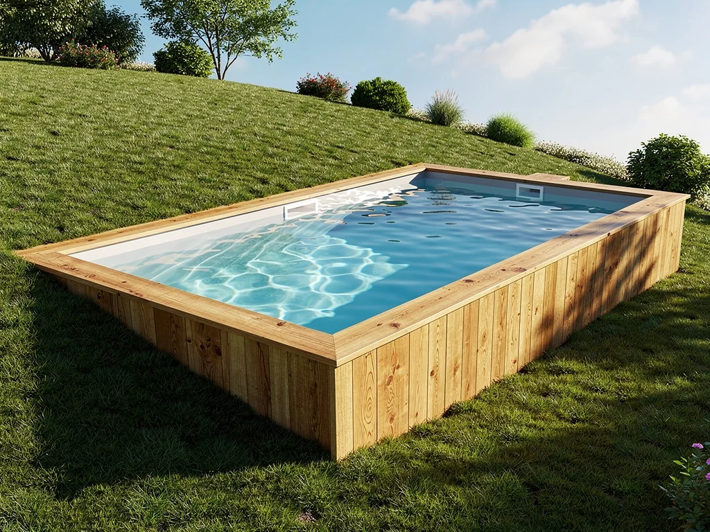 Piscine semi-enterrée en bois posée sur un terrain en légère pente
