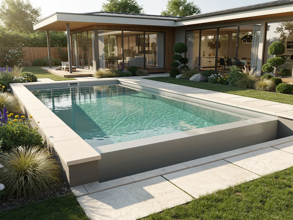 Piscine semi-enterrée composite intégrée dans un jardin paysager