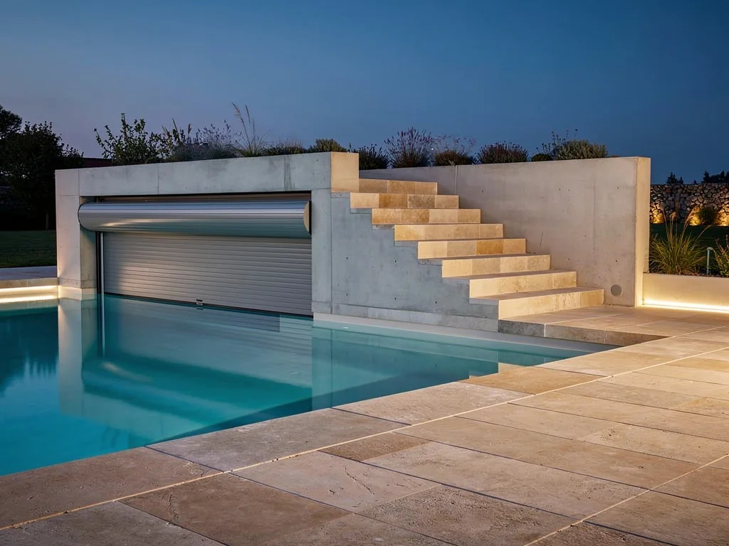 Piscine semi-enterrée béton avec escalier maçonné et volet immergé