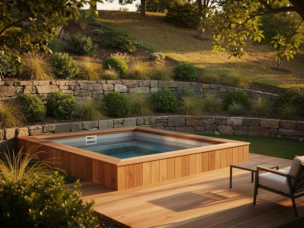 Petite piscine semi-enterrée en bois sur une terrasse à flanc de talus