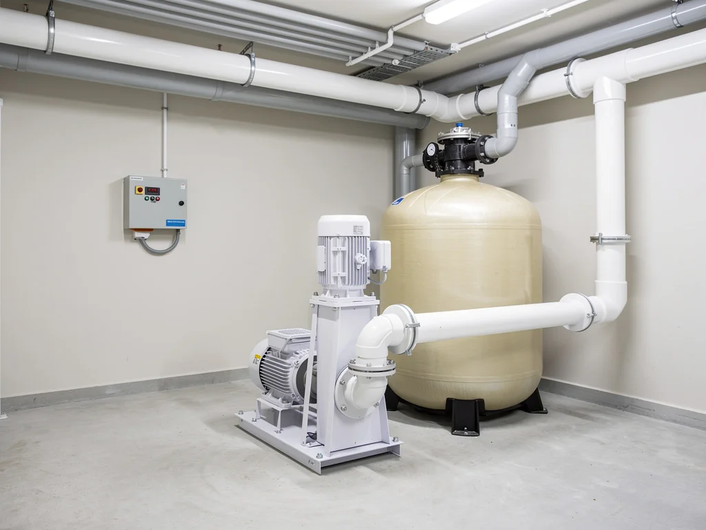 Local technique de piscine avec pompe de filtration et coffret électrique